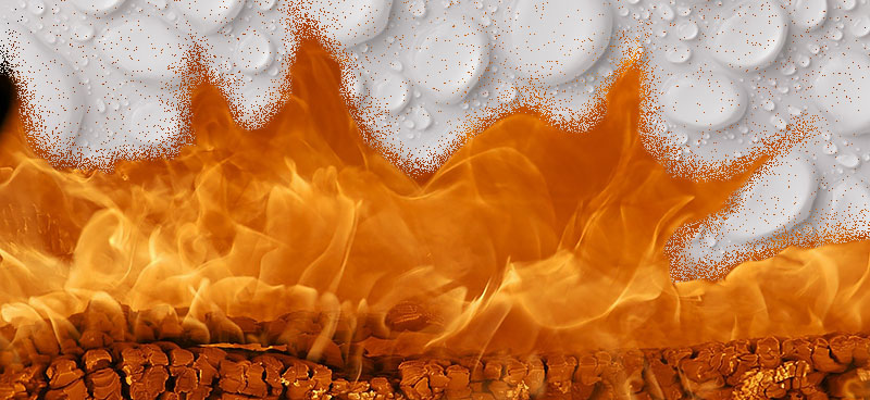 Es sind Flammen und Wassertropfen zu sehen. Stichwort: Pyrolyse.
