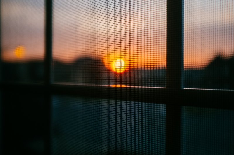 Abendsonne scheint durch ein Fenster mit Fliegengitter Abendsonne scheint durch ein Fenster mit Fliegengitter