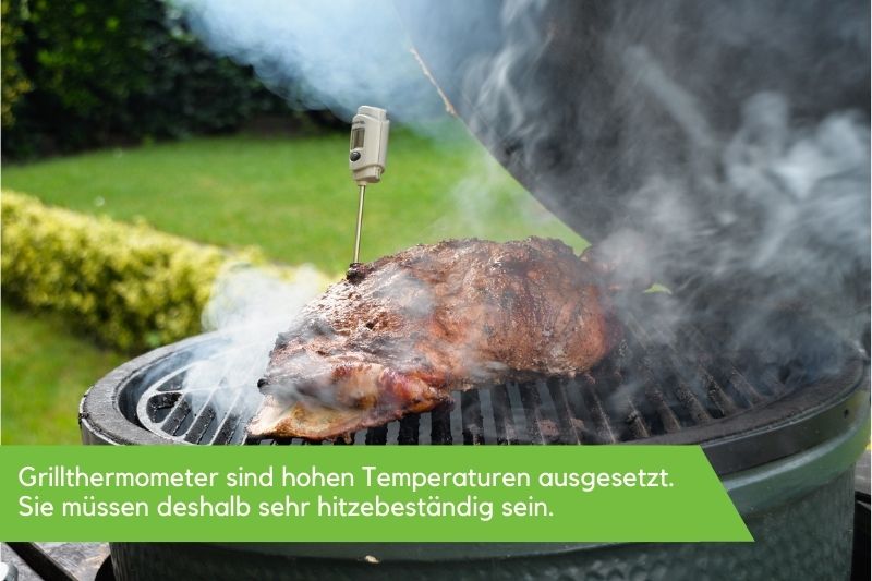 Grillthermometer in einem Stück Fleisch, welches auf einem rauchenden Grill liegt Grillthermometer in einem Stück Fleisch, welches auf einem rauchenden Grill liegt