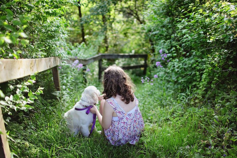 Kind und Hund mit Zaun