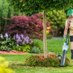 Mann sammelt mit Akku-Laubblaeser Laub im Garten